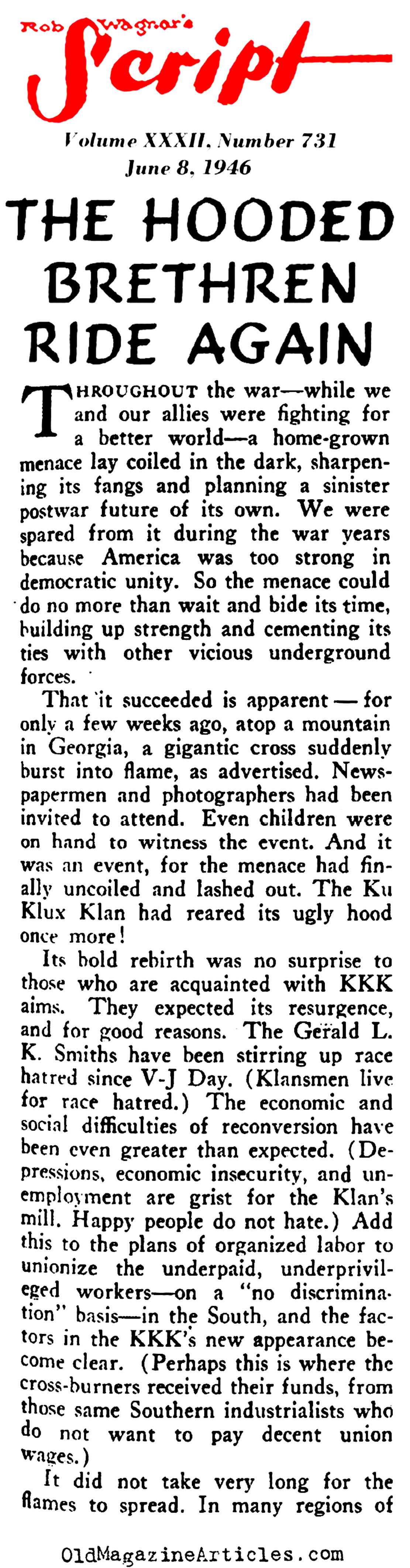 Post-War America and the KKK (Rob Wagner's Script Magazine, 1946)