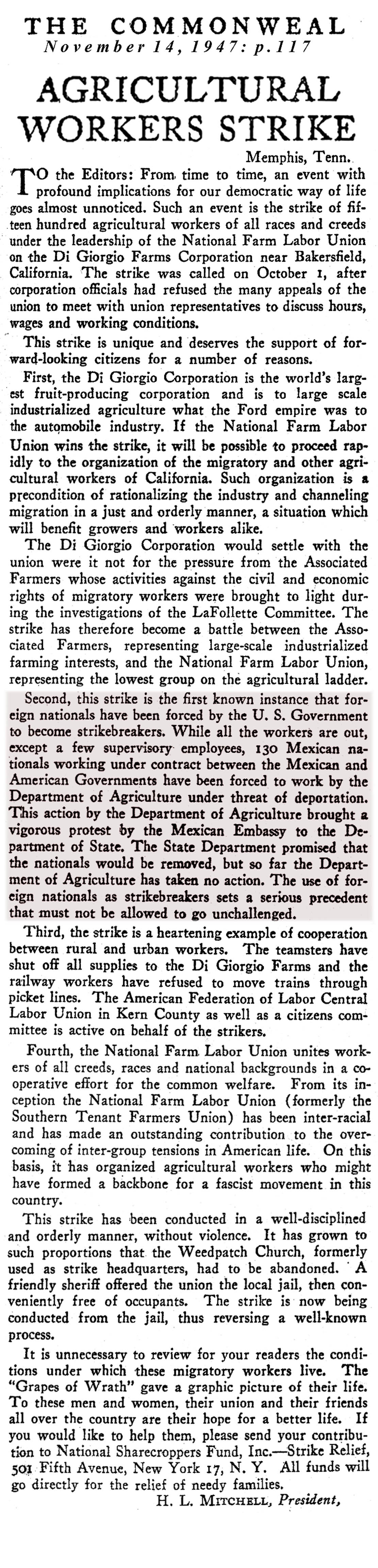 Government-Supplied Scabs (Commonweal Magazine, 1947)