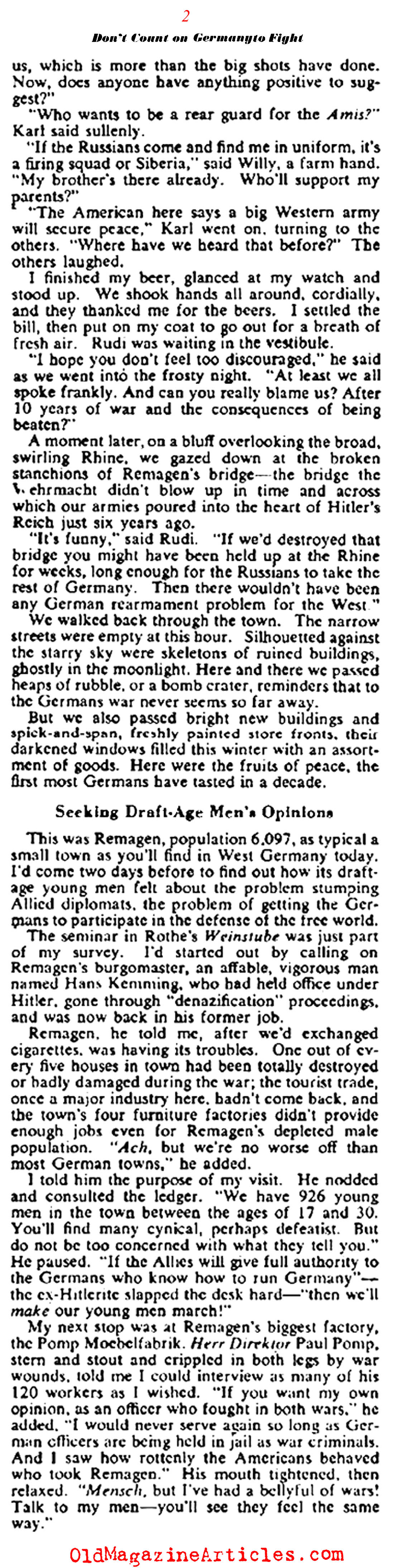 ''Don't Count on Germany to Fight'' (Collier's Magazine, 1951)