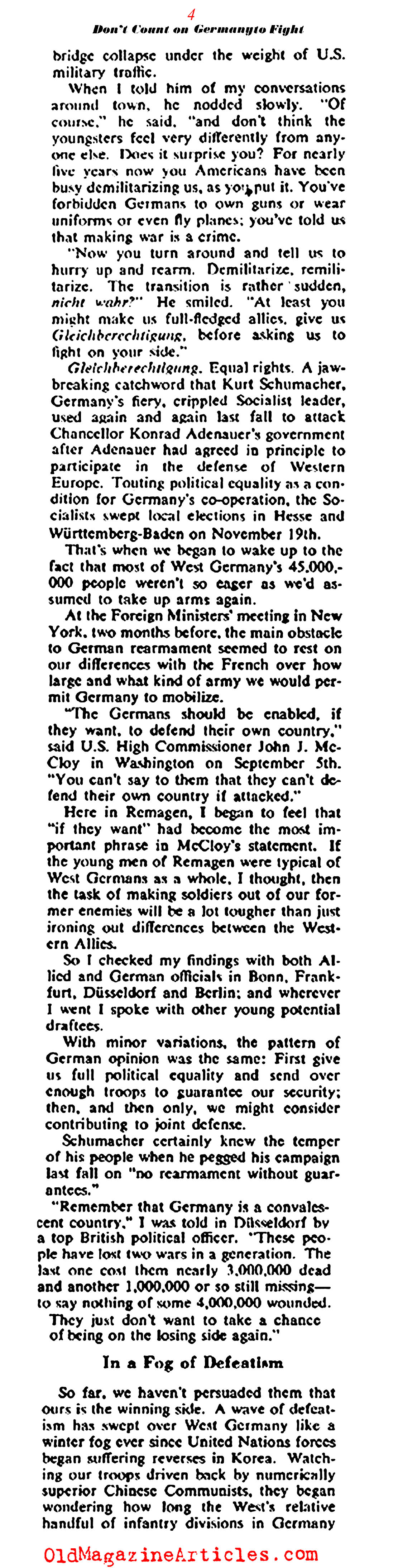 ''Don't Count on Germany to Fight'' (Collier's Magazine, 1951)