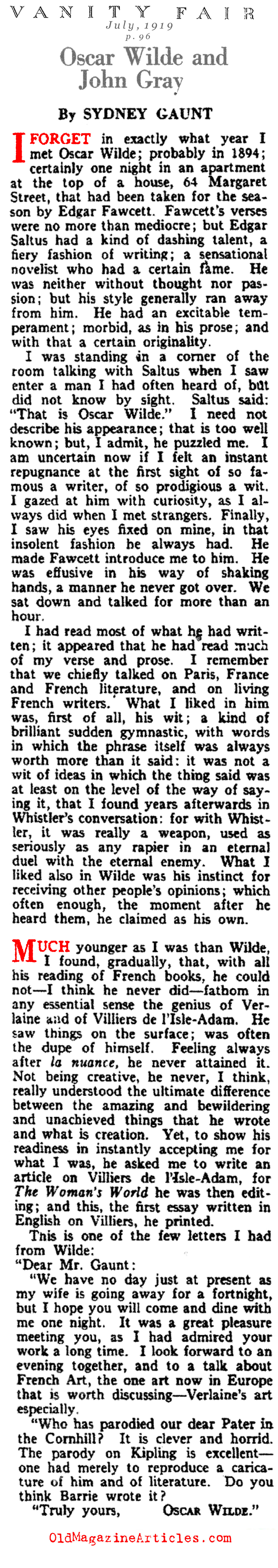 Who Was Wilde's Dorian Gray? (Vanity Fair Magazine, 1919)