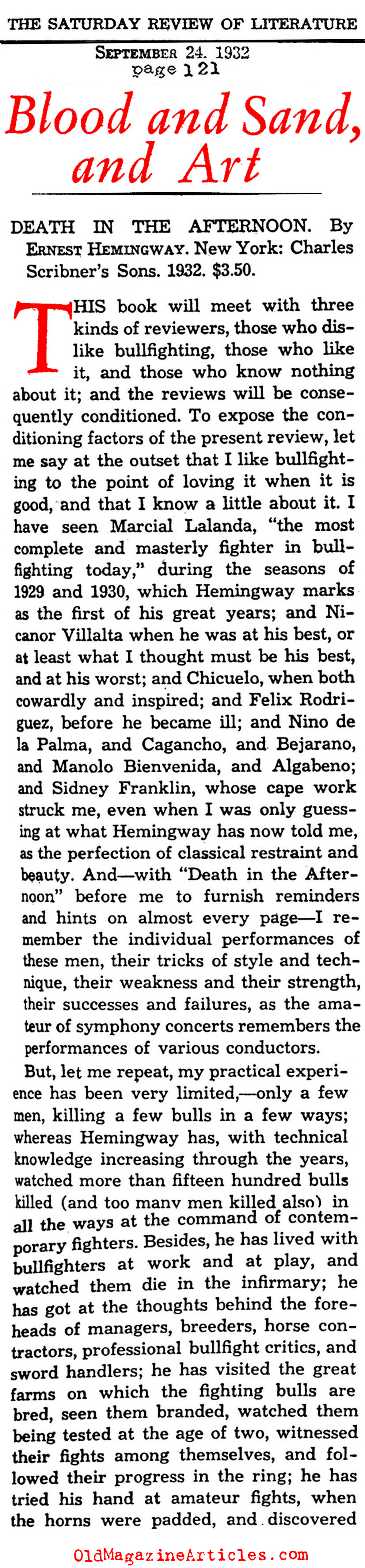 Hemingway's <I>Death in the Afternoon</I> (Saturday Review of Literature, 1932)
