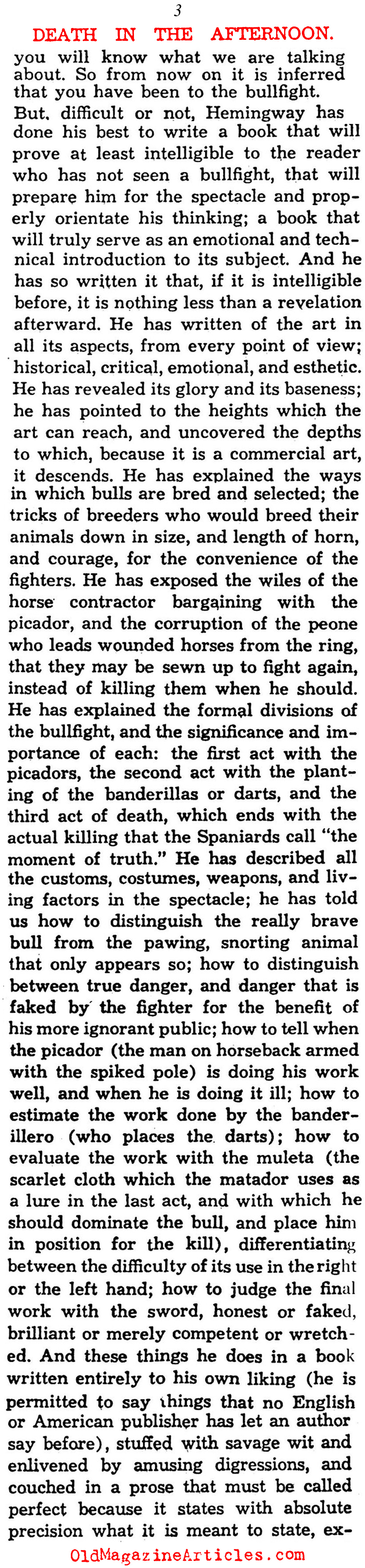 Hemingway's <I>Death in the Afternoon</I> (Saturday Review of Literature, 1932)