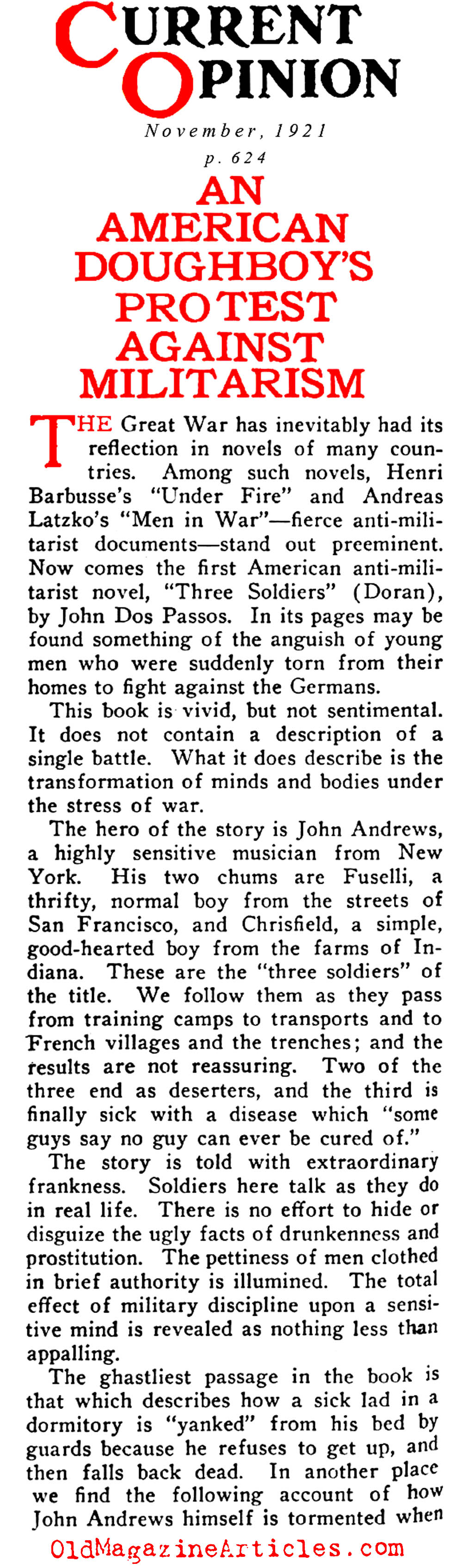 <i>Three Soldiers</i> by Dos Passos (Current Opinion, 1921)