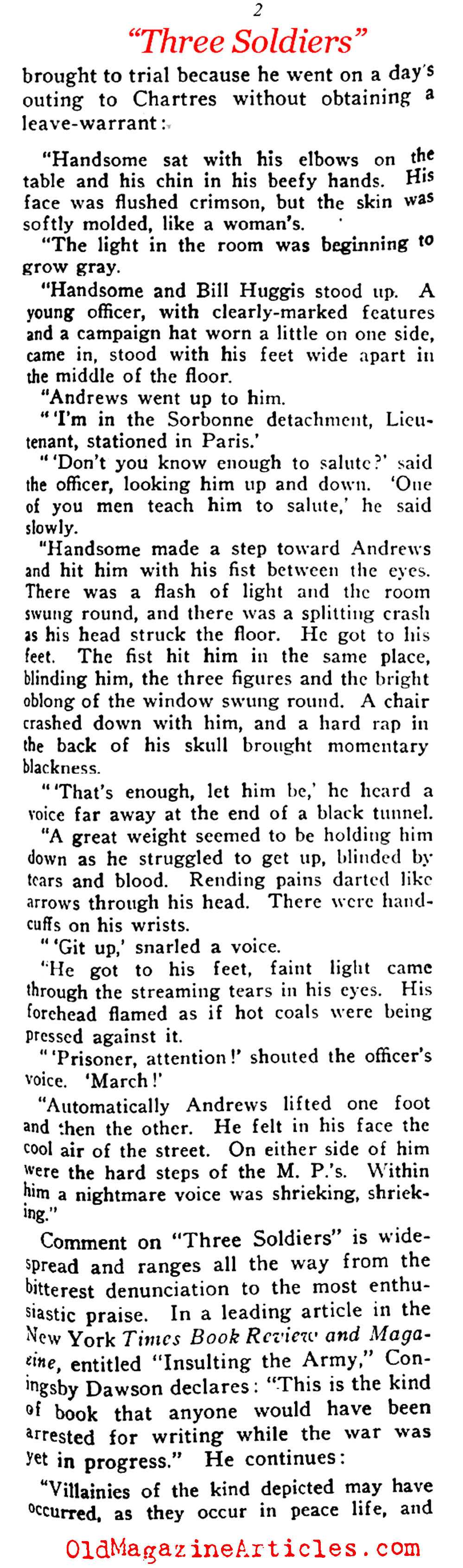 <i>Three Soldiers</i> by Dos Passos (Current Opinion, 1921)