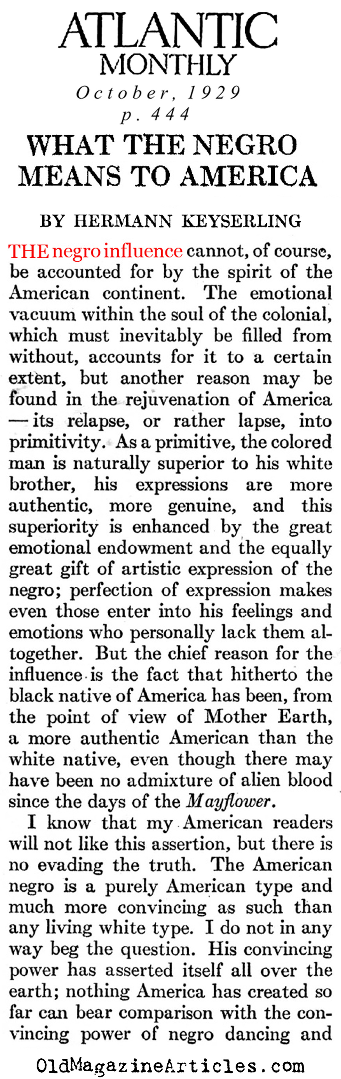 ''What the Negro Means to America'' (Atlantic Monthly, 1929)