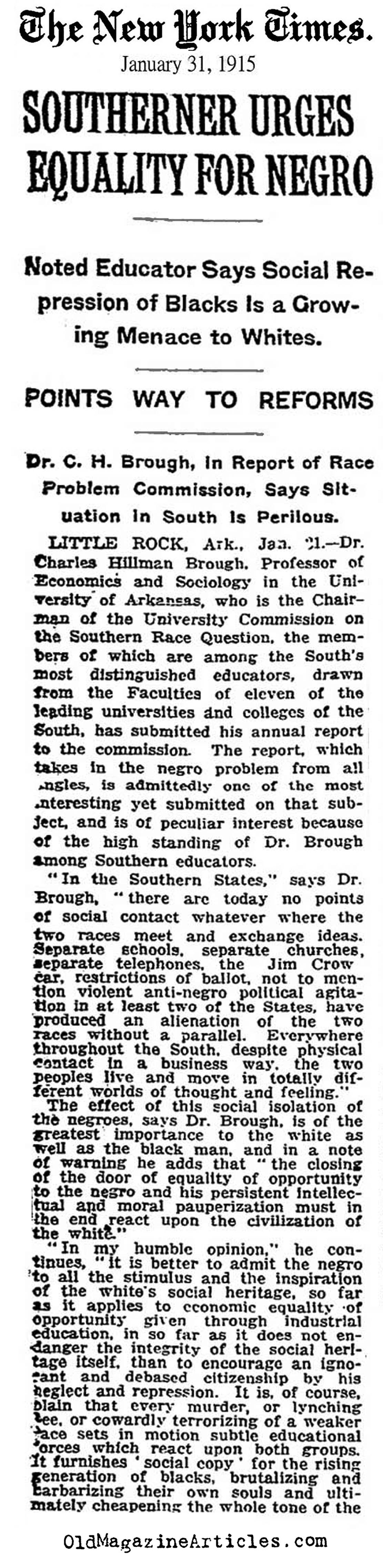 Brough Called Out for Racial Parity (New York Times, 1915) 