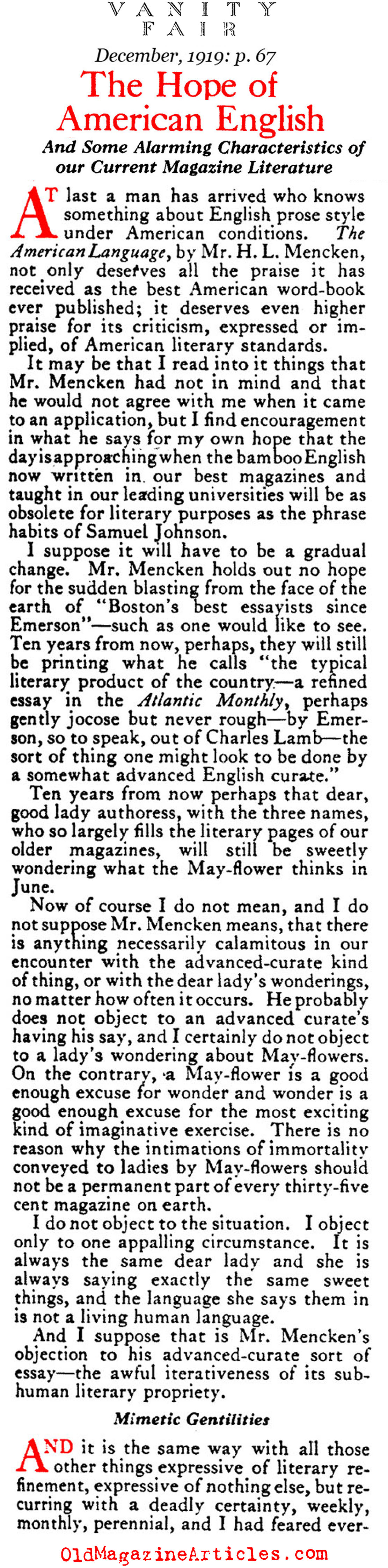 ''The Hope of American English'' (Vanity Fair Magazine, 1919)