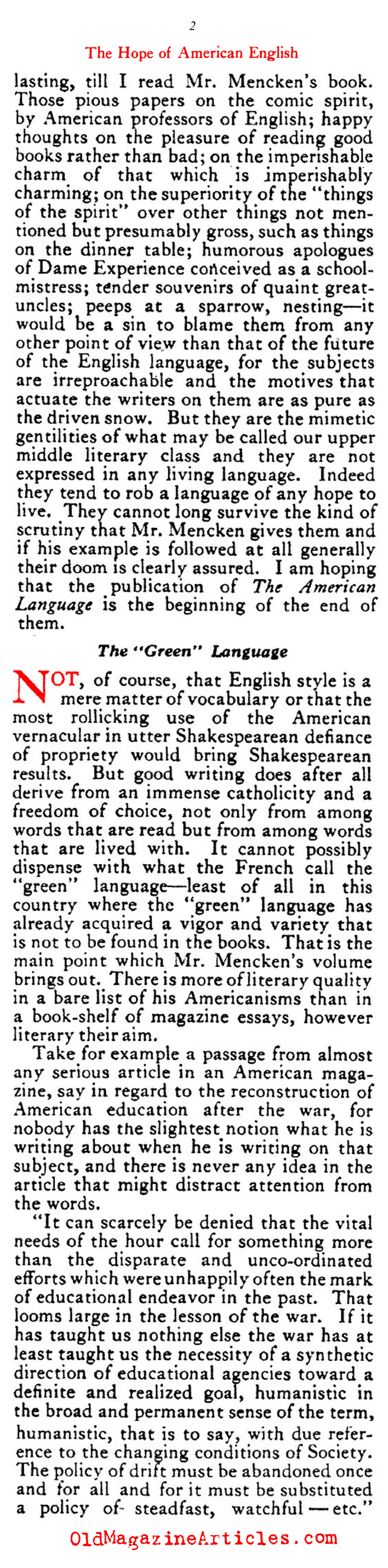''The Hope of American English'' (Vanity Fair Magazine, 1919)