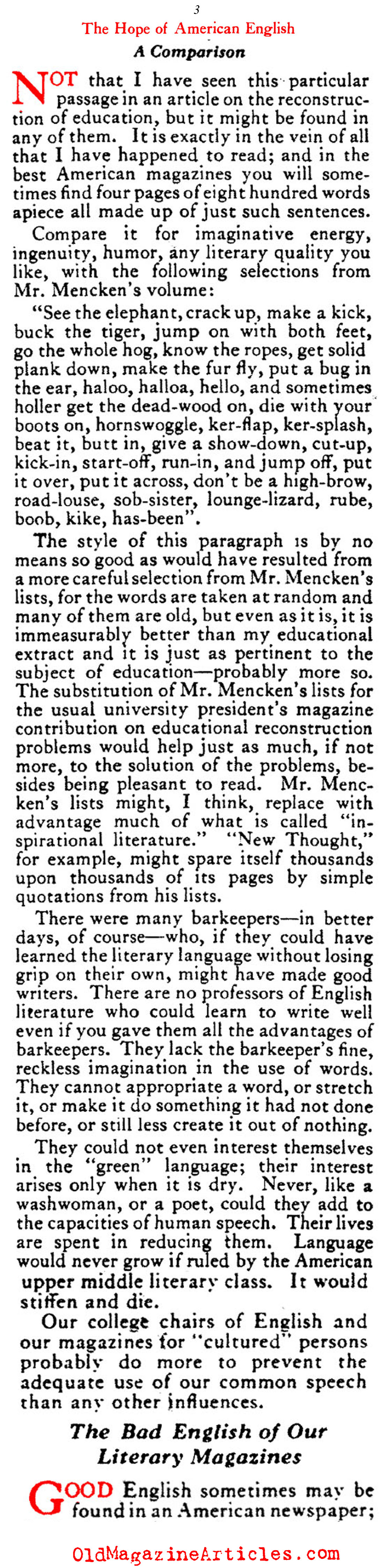 ''The Hope of American English'' (Vanity Fair Magazine, 1919)