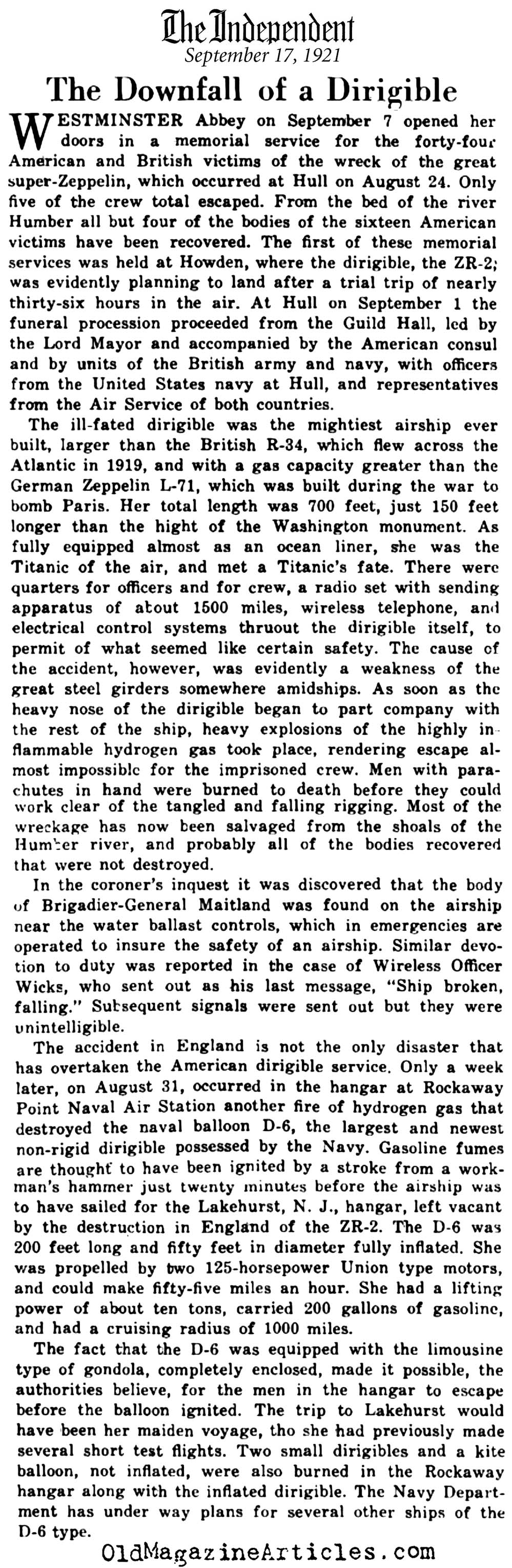 The Downfall of a Dirigible  (The Independent, 1921)