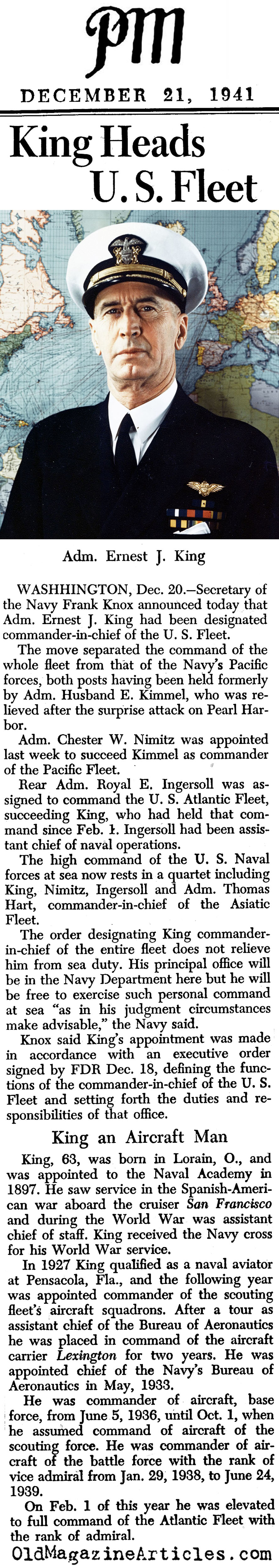 King Named to Lead Fleet (PM Tabloid, 1941)