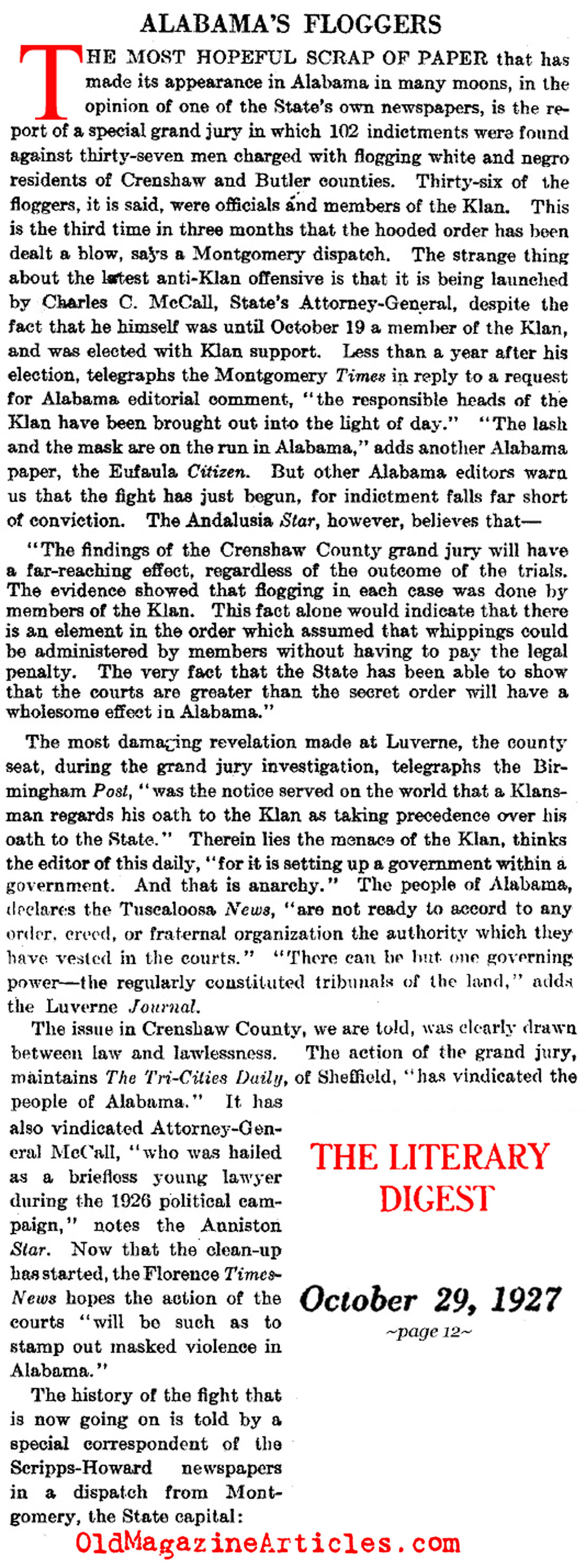 Alabama Klan Convictions  (Literary Digest, 1927)