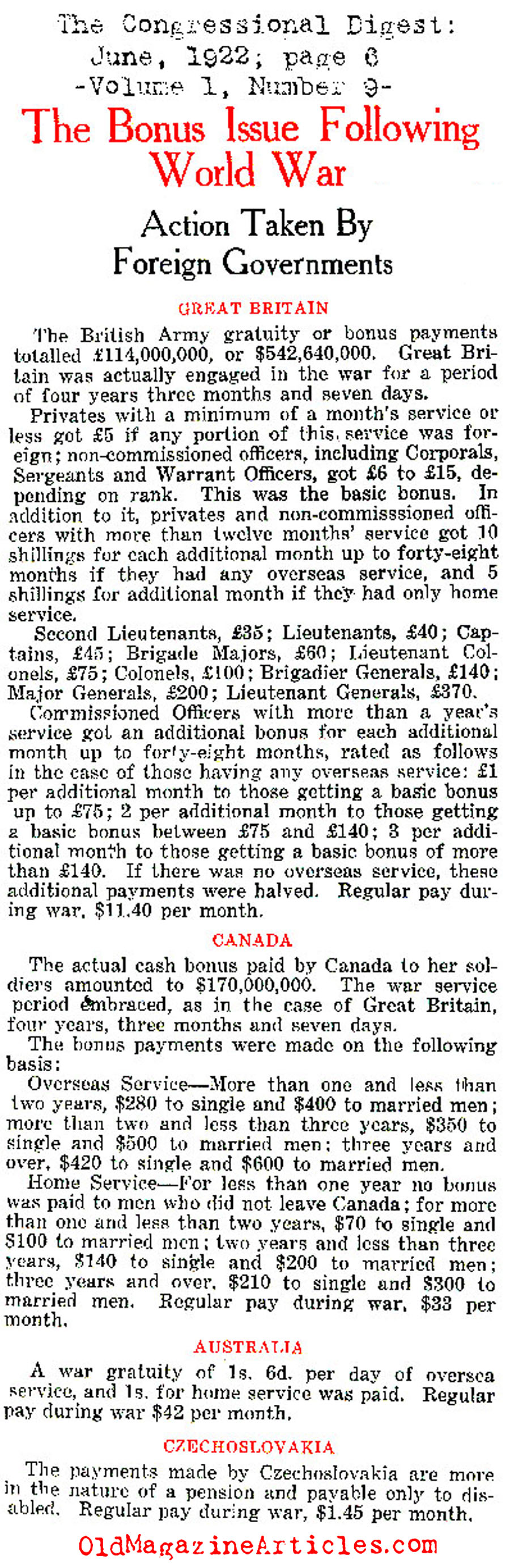 Compensation for Soldiers: How Much During the War? How Much After?<BR>( The Congressional Digest, 1922)