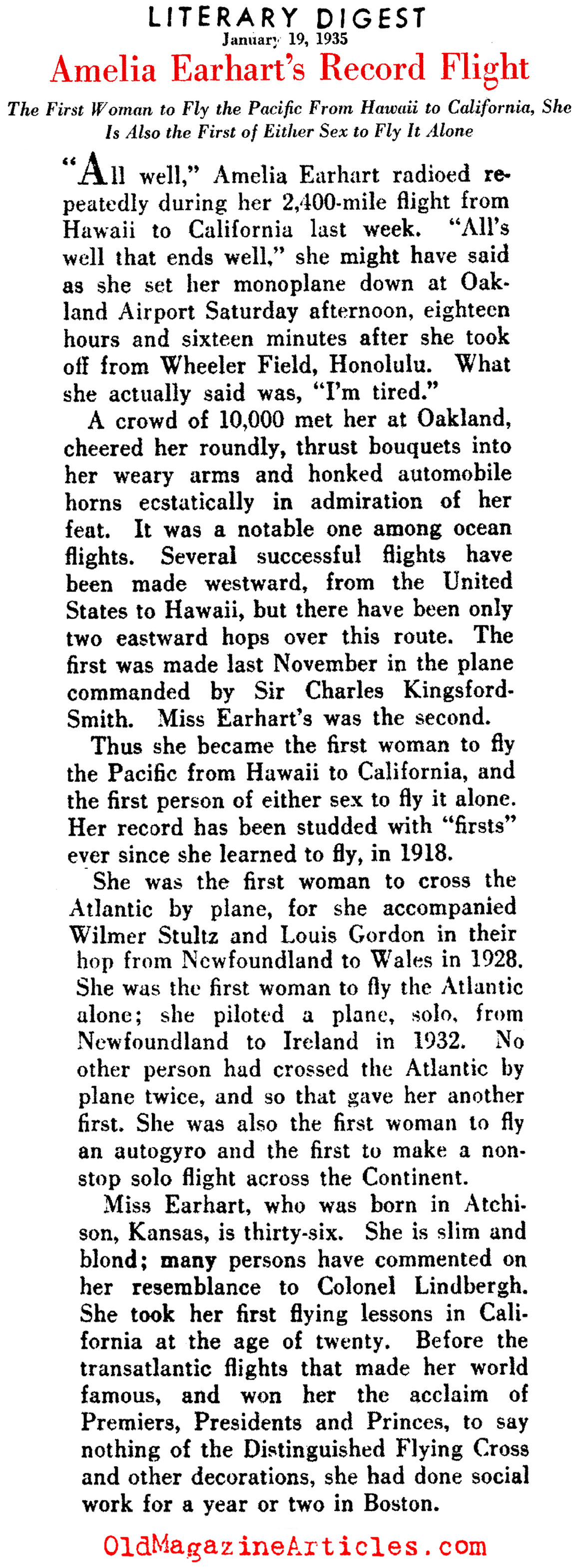 Amelia Earhart: Hawaii to California (Literary Digest, 1935)
