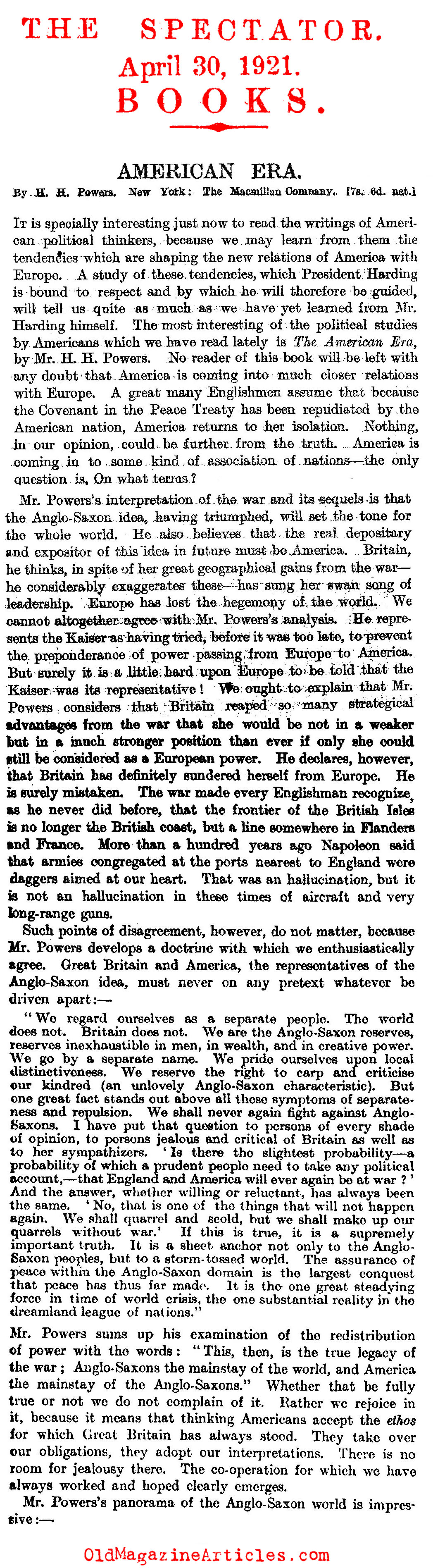 Anticipating the American Century (The Spectator, 1921)