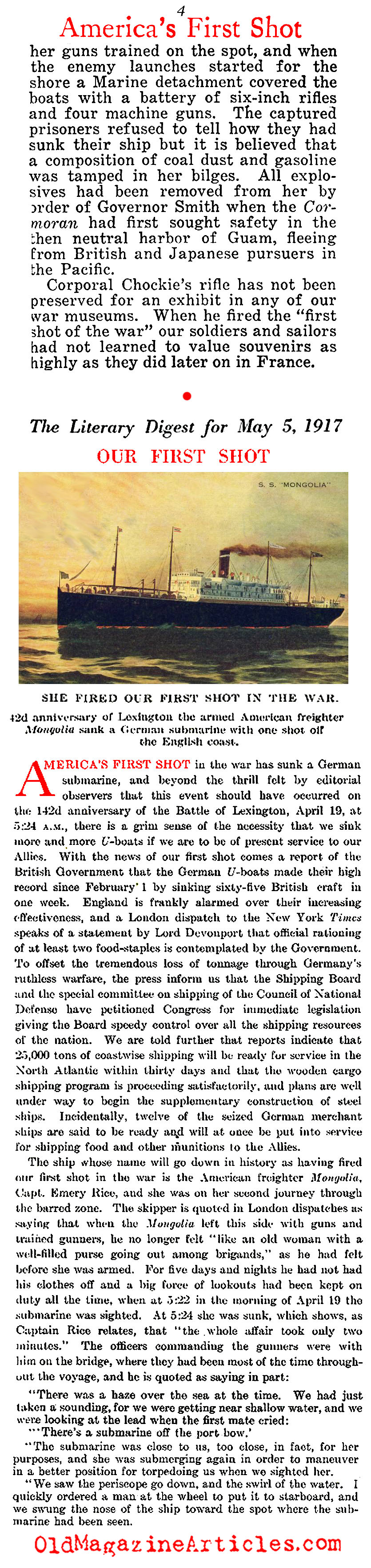 U.S. Navy Fired America's First Shot   (Literary Digest, 1917)