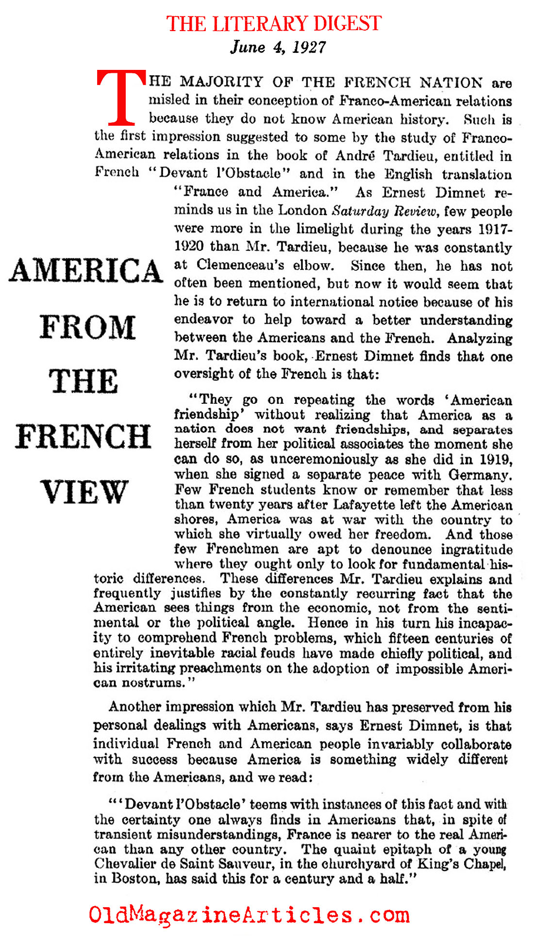 Franco-American Relations After W.W. I (Literary Digest, 1927)