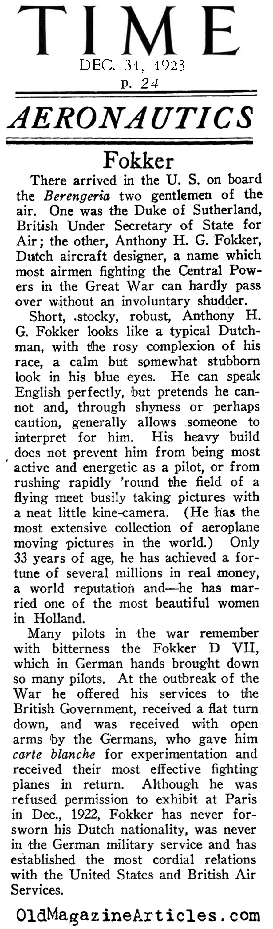 The Great Fokker (Time Magazine, 1923)