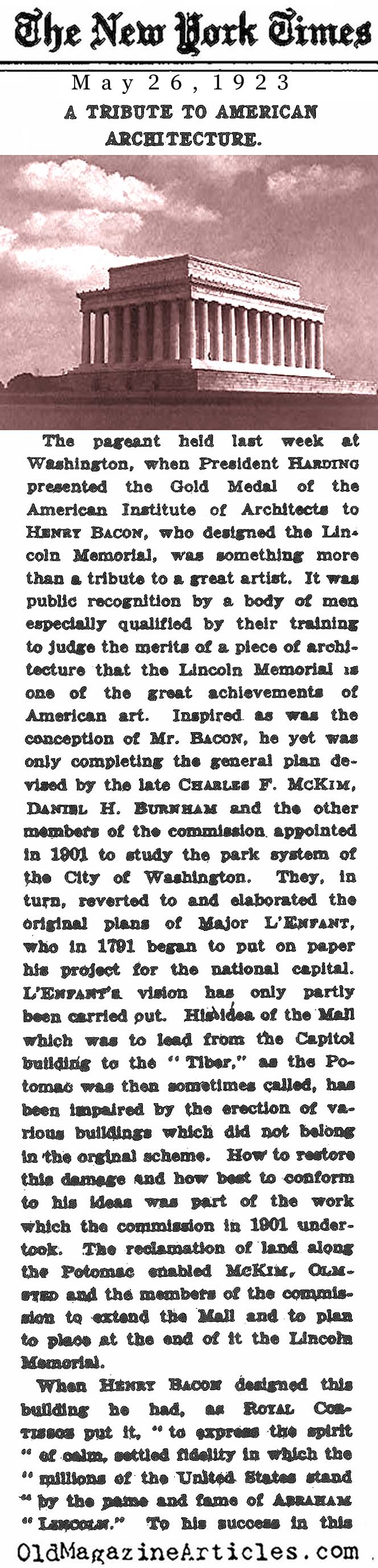 The Lincoln Memorial (NY Times, 1923)