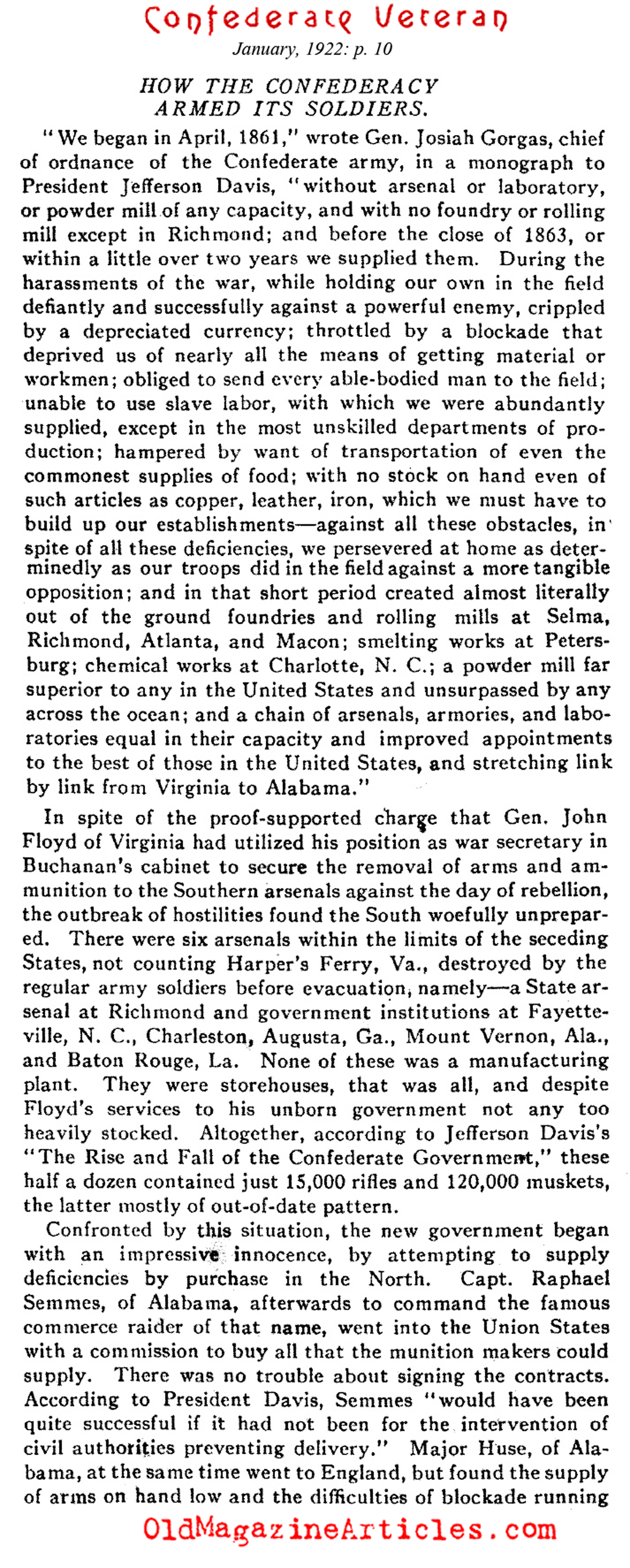 How the Confederacy Armed Themselves (Confederate Veteran Magazine,  1922)