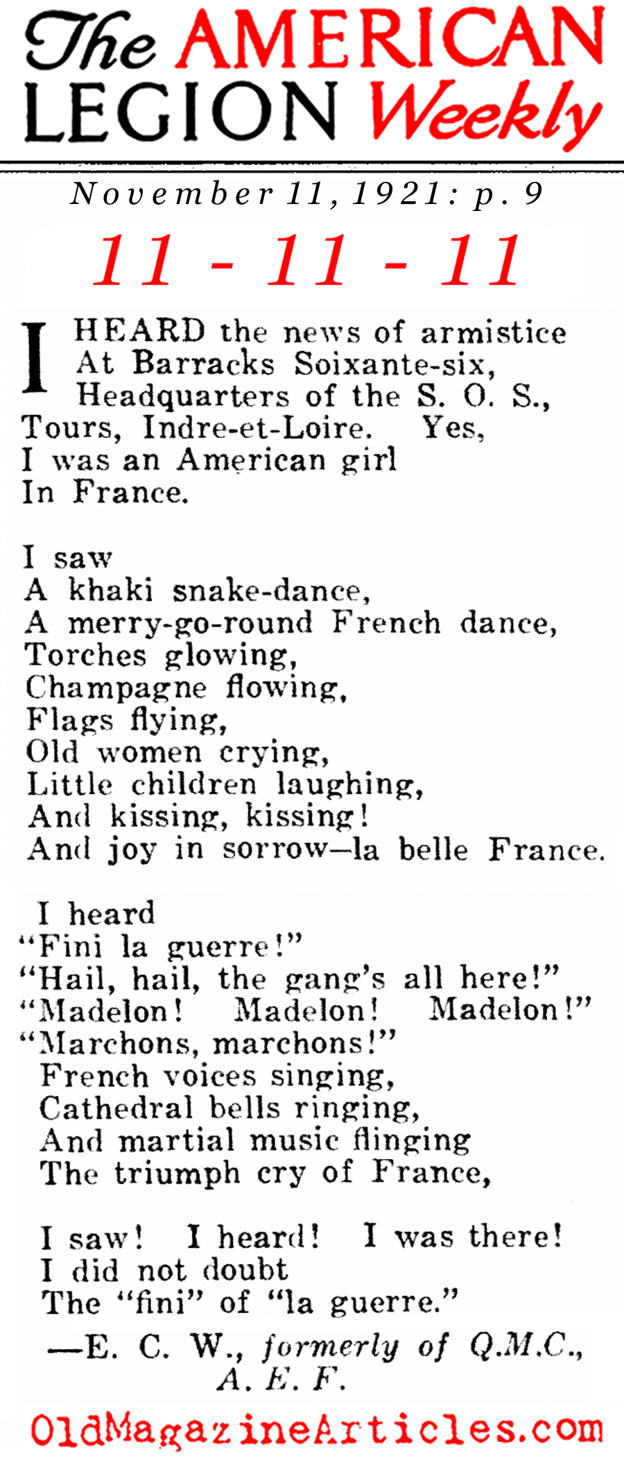 Her Armistice Poem (American Legion Weekly, 1921)