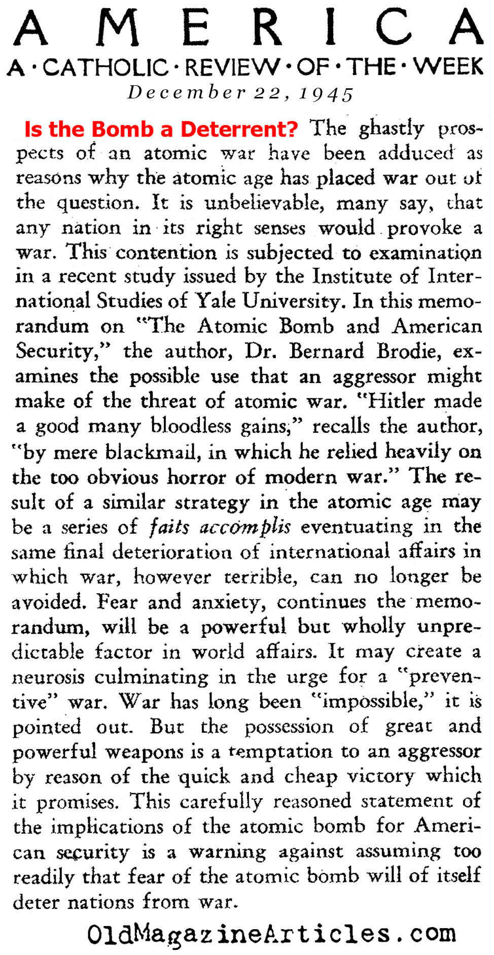 ''Is the Atom Bomb a Deterrent?'' (America Weekly, 1945)