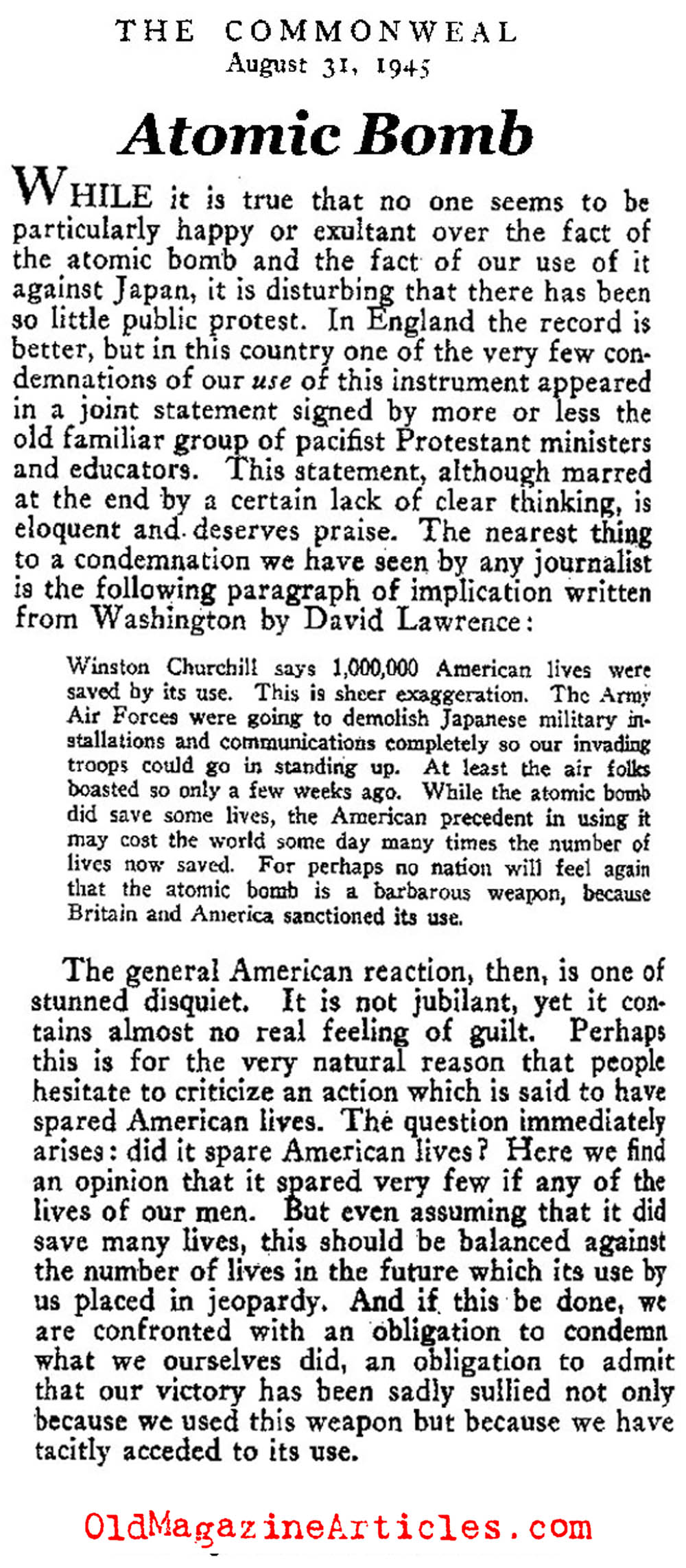 Regretting the A-Bomb (Commonweal Magazine, 1945)