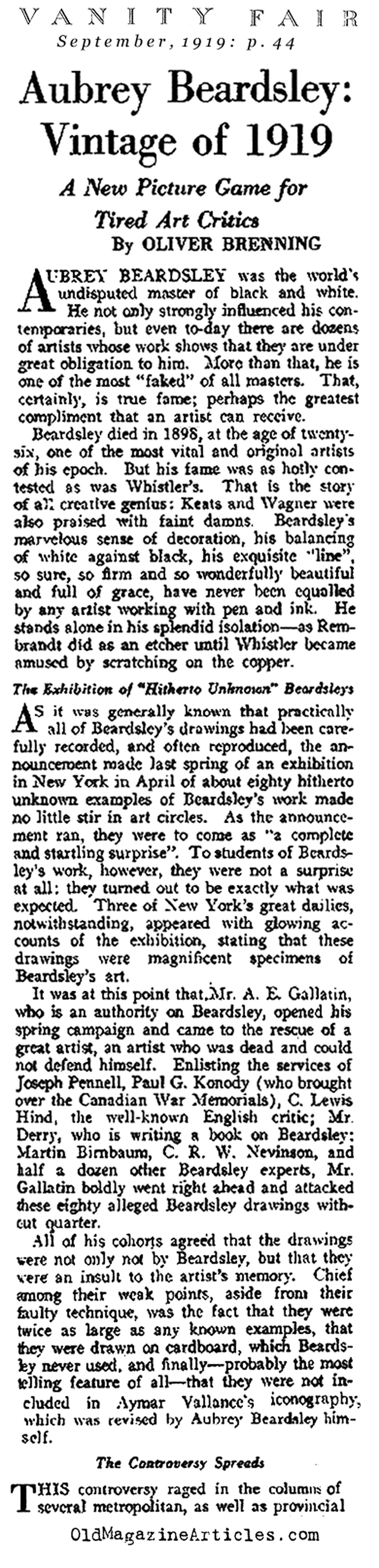 Art Sacandal: Aubrey Beardsley Forged (Vanity Fair, 1919)