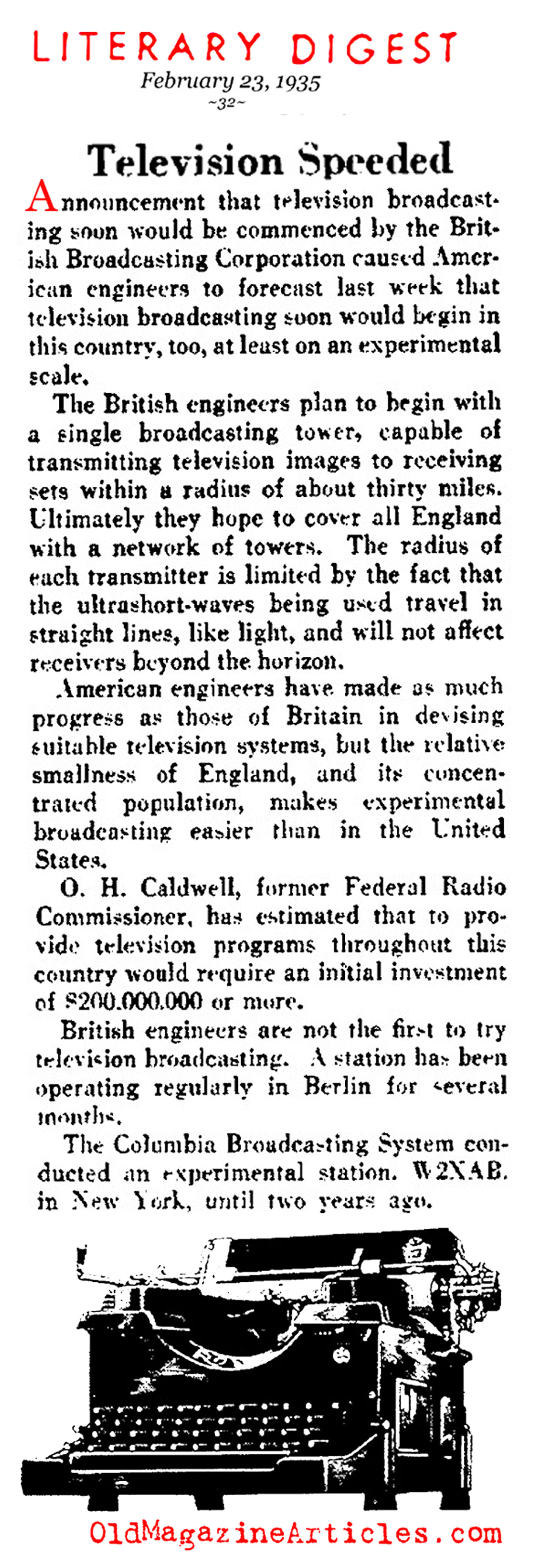 BBC Television Broadcasting Begins (Literary Digest, 1935)