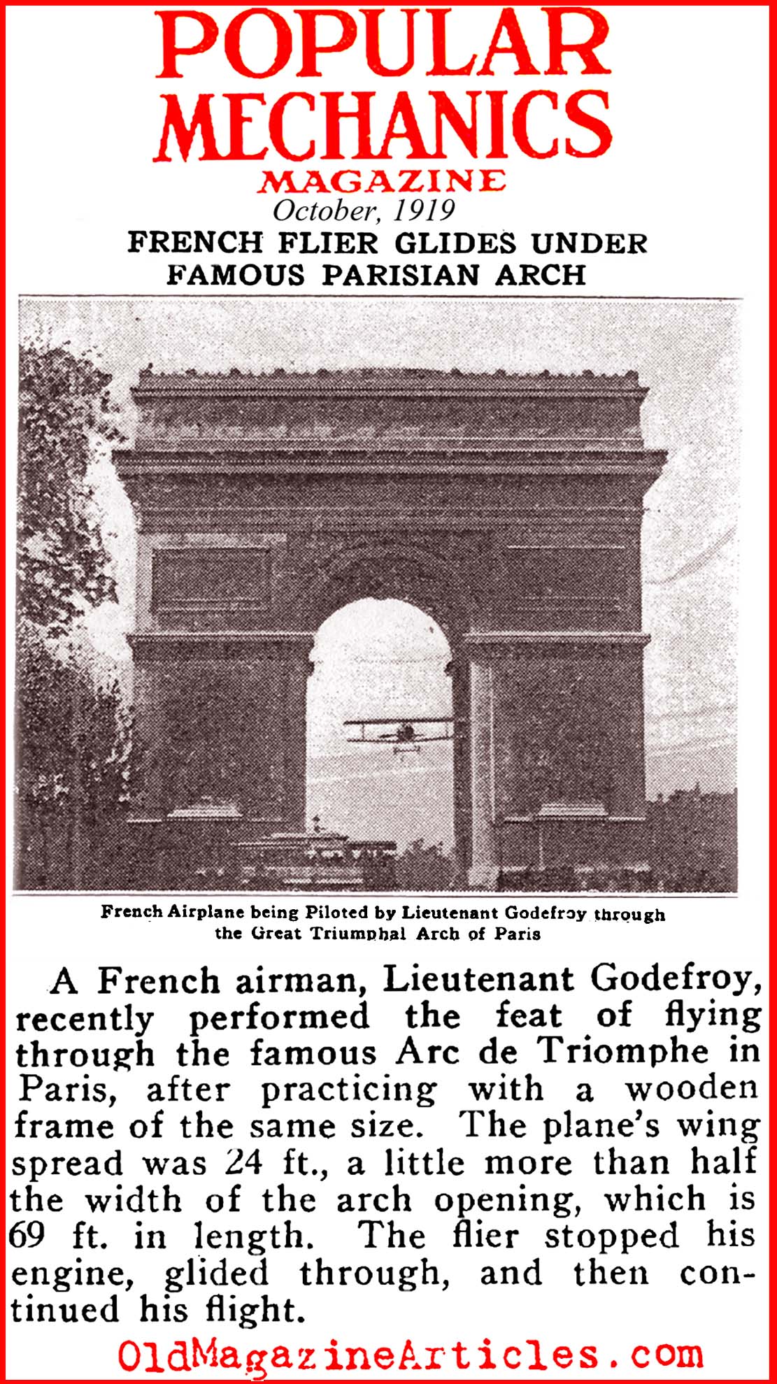 French Pilot Glides Under the Arc de Triomphe (Popular Mechanics, 1919)
