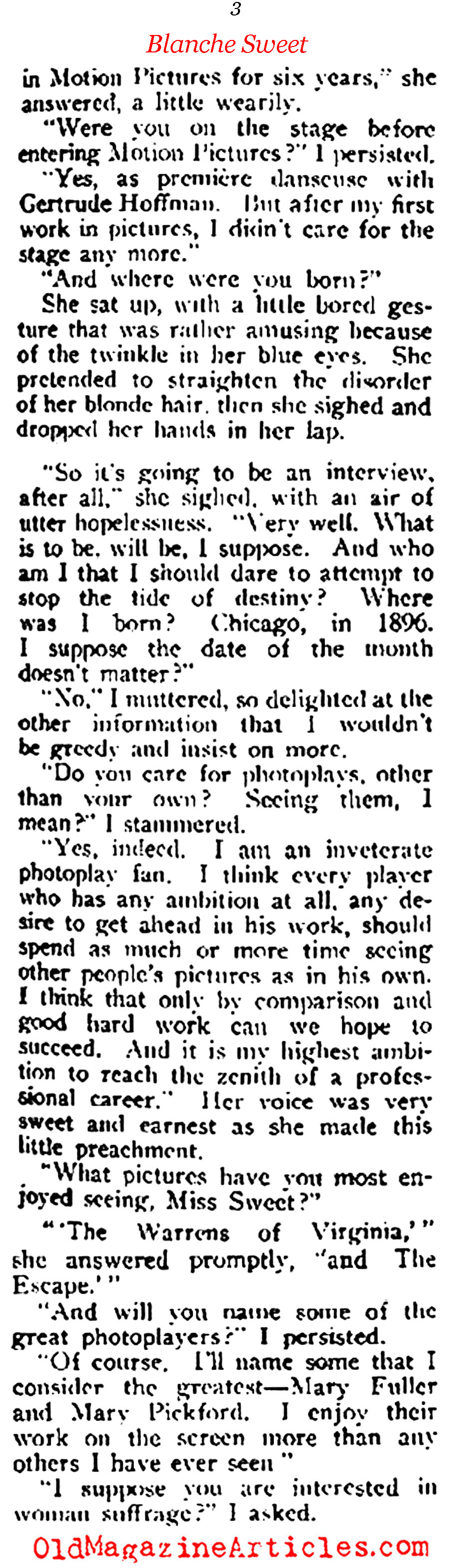 Blanche Sweet Interviewed   (Motion Picture Magazine, 1916)