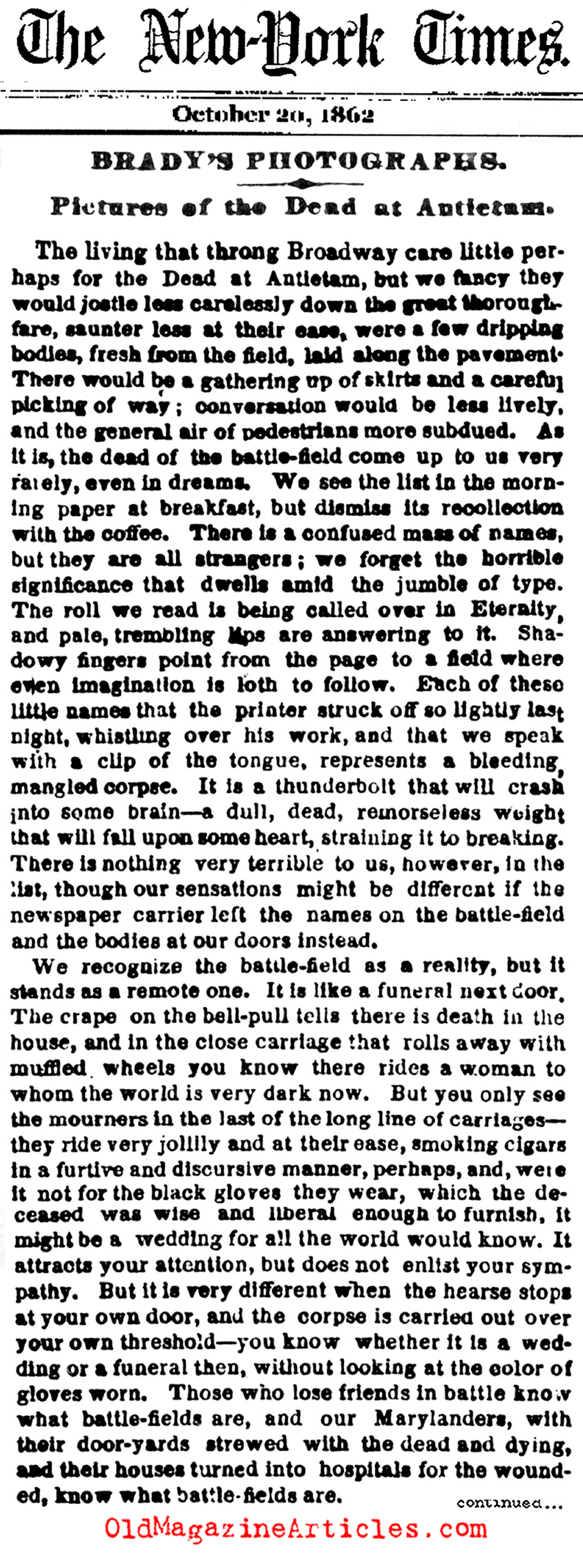 Mathew Brady at Antietam (NY Times, 1862)