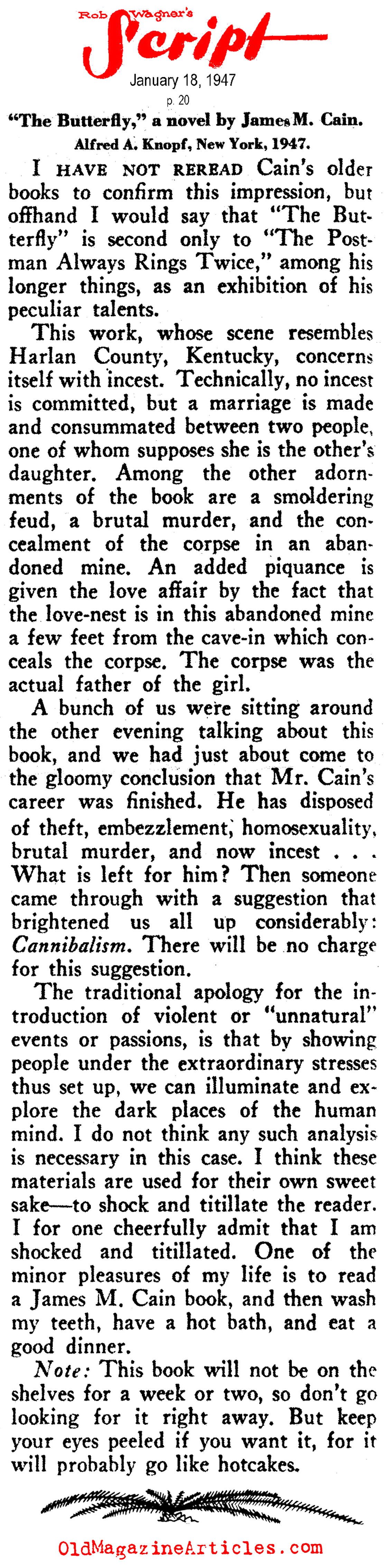 A 1947 Review of <i>THE BUTTERFLY</i> by James M. Cain (Rob Wagner's Script, 1947)