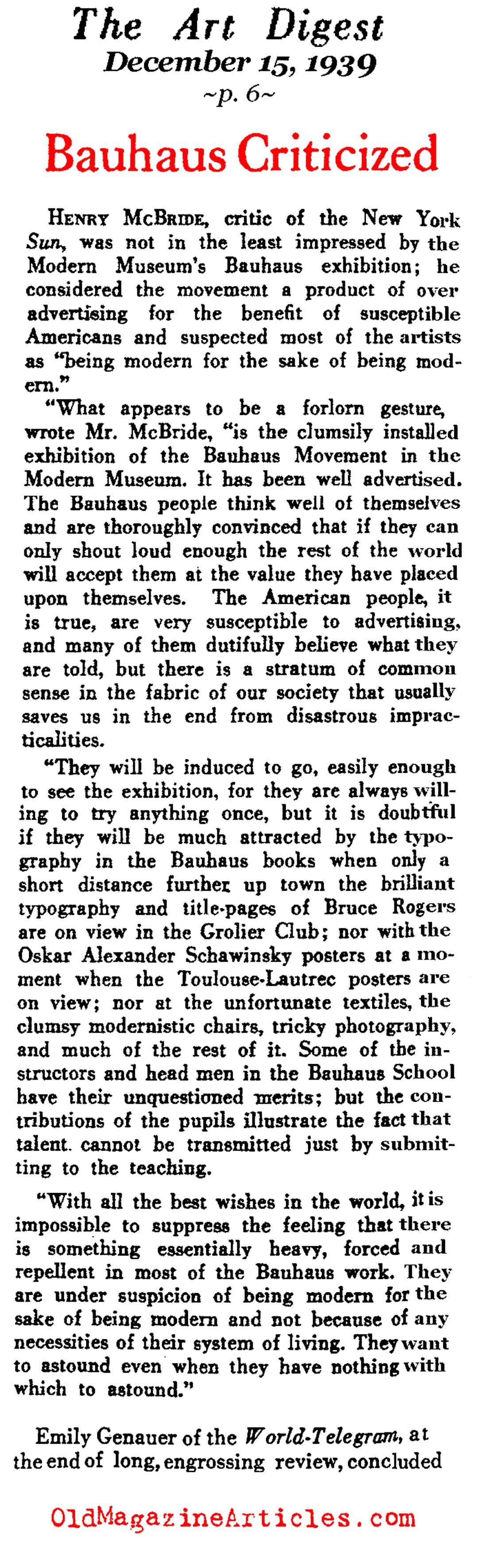  Bauhaus Exhibit Smeared by Critics (Art Digest, 1939)