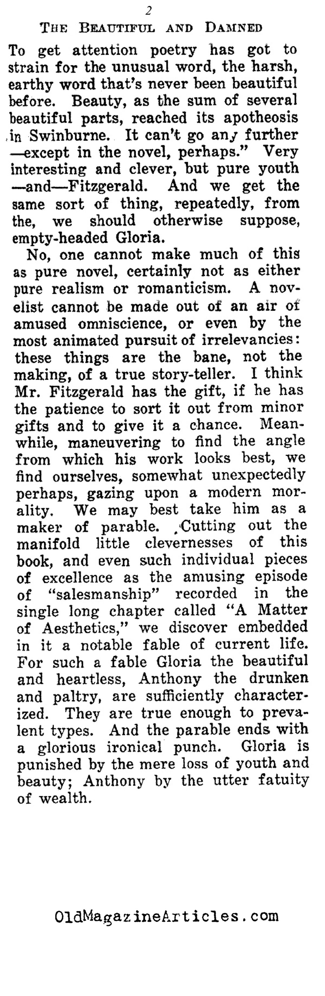 A Review of  ''Beautiful and the Damned'' (The Independent, 1922)