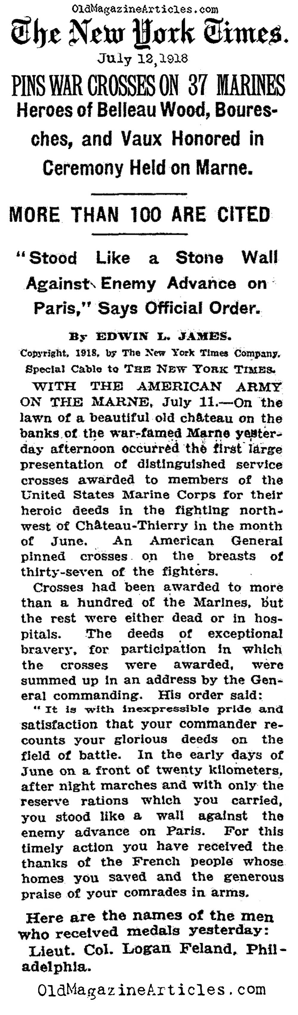 The Decorated Marines from Belleau Wood (NY Times, 1918)