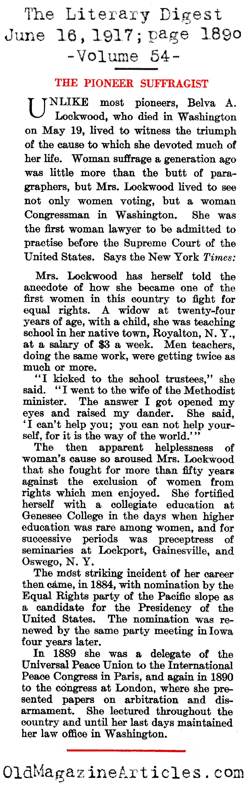 Belva Ann Lockwood: Pioneer Sufragette (The Literary Digest (1917)