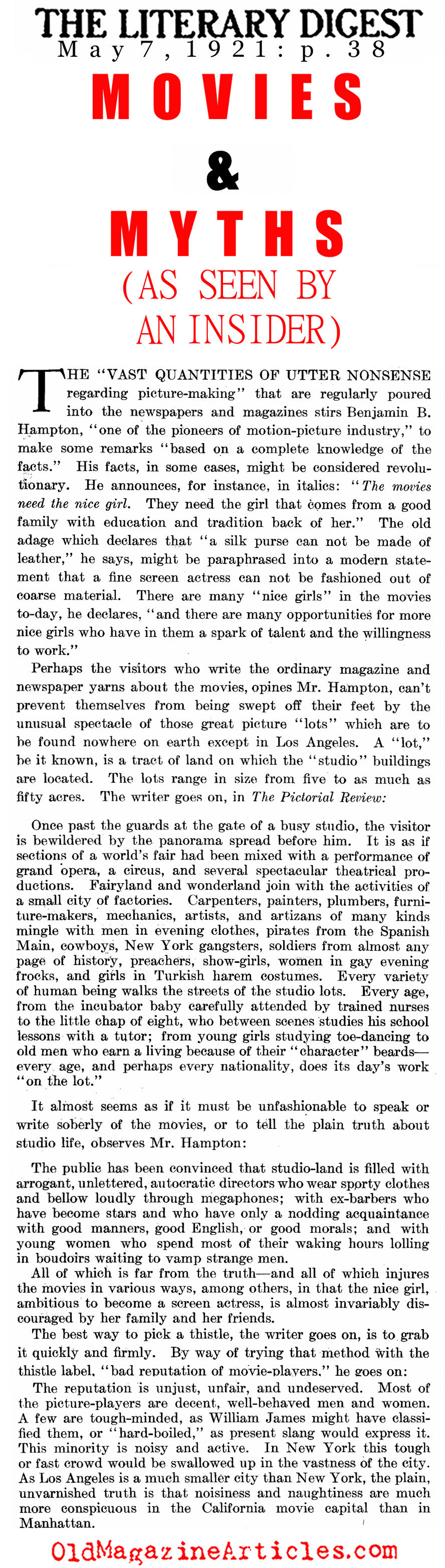 ''Movies & Myths As Seen by an Insider'' (Literary Digest, 1921)