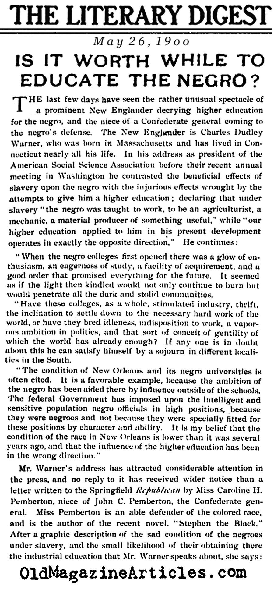 ''Is It Worth While to Educate the Negro?''<BR>(Literary Digest, 1900)