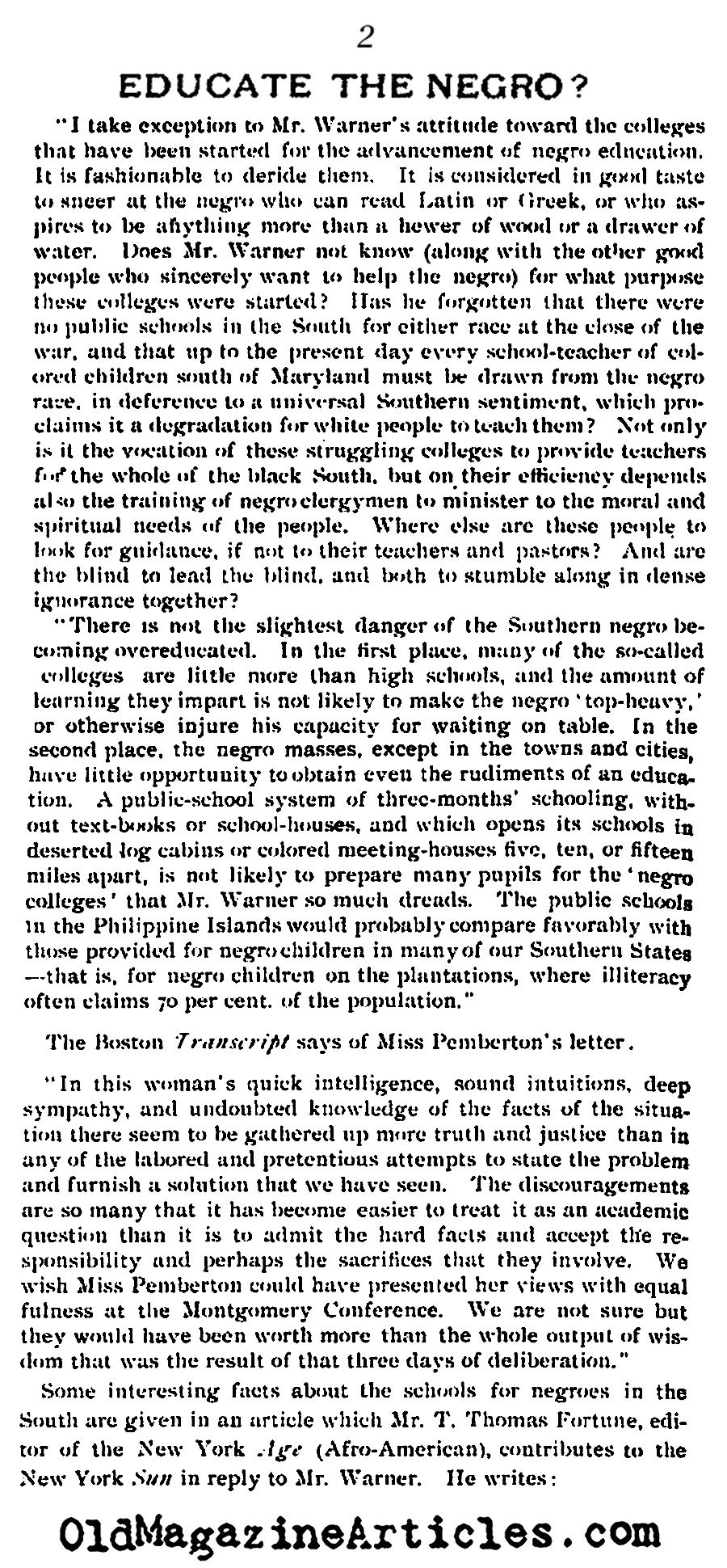''Is It Worth While to Educate the Negro?''<BR>(Literary Digest, 1900)