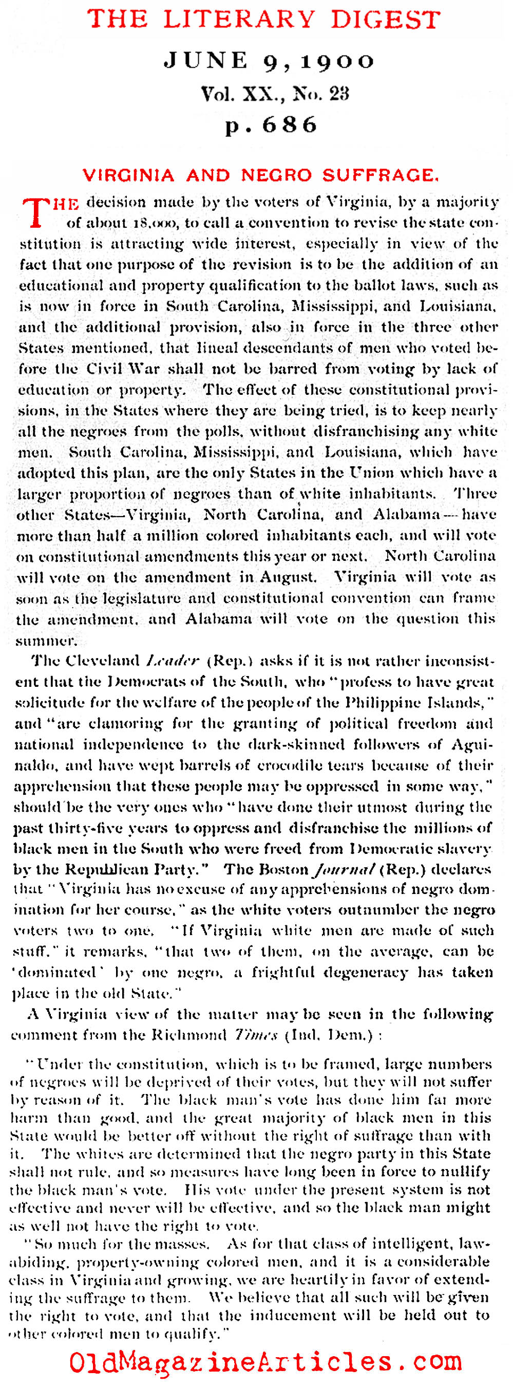 ''Virginia and Negro Suffrage'' (Literary Digest, 1900)