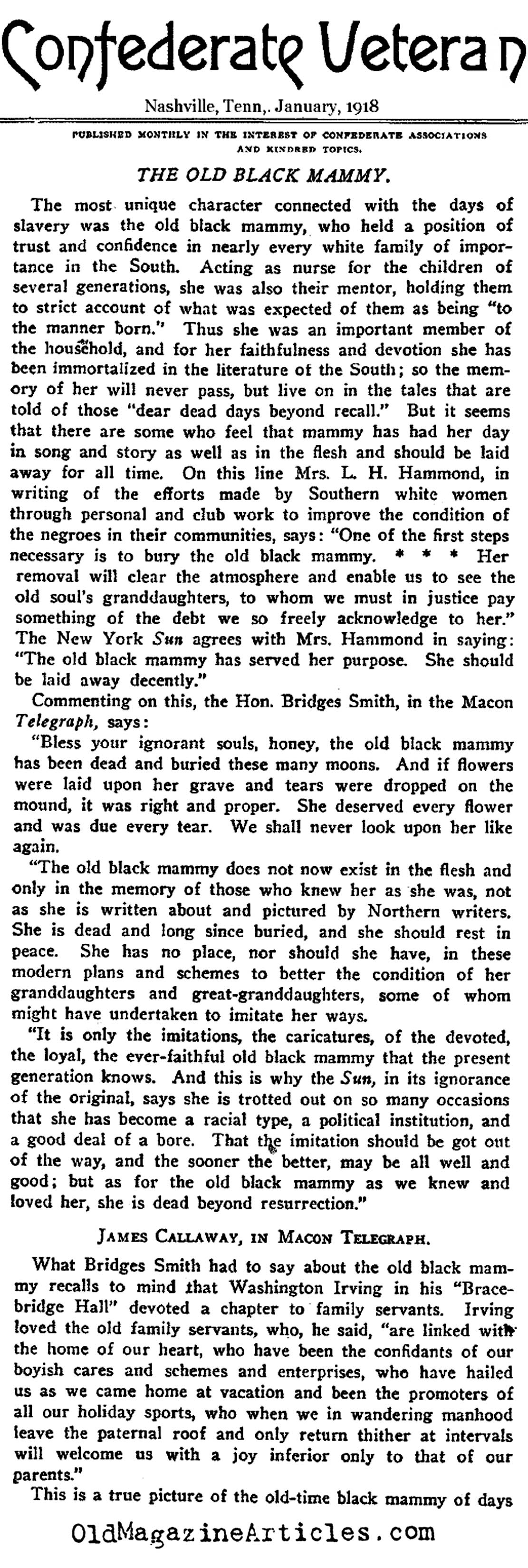 ''Black Mammy'' (Confederate Veteran Magazine, 1918)