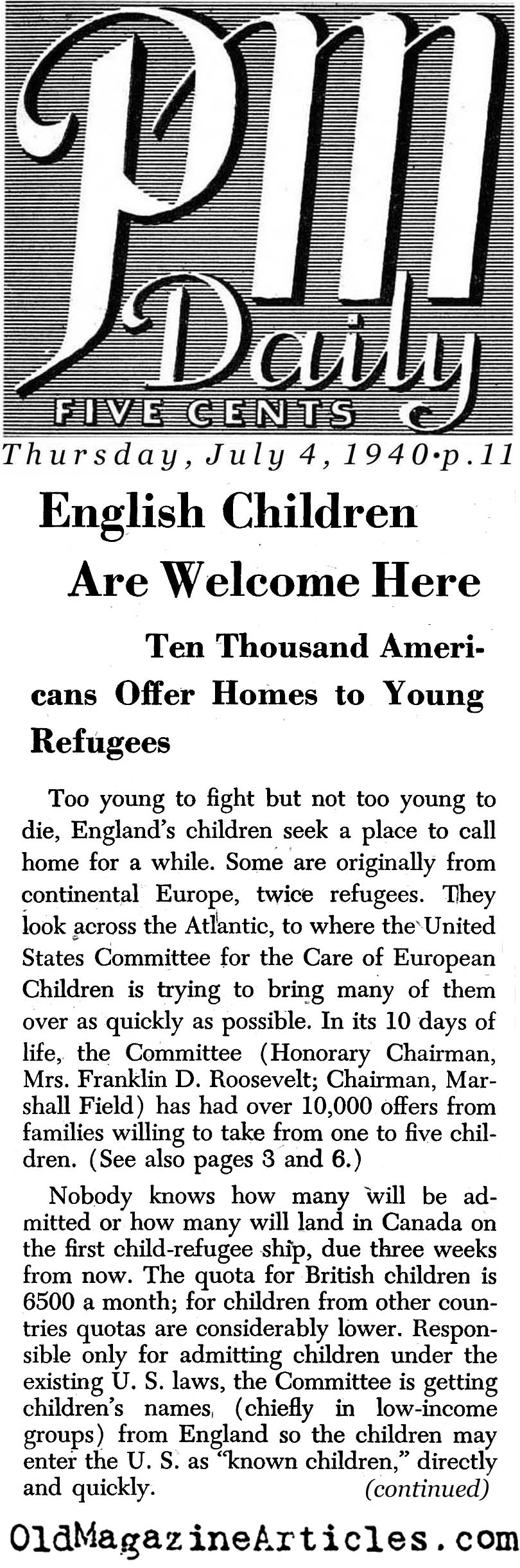 Thousands of British Children Welcomed (<i>PM</i> Tabloid, 1940)