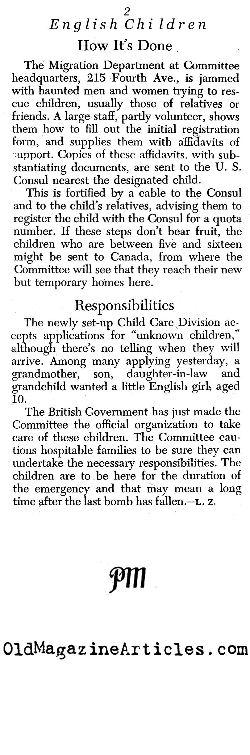 Thousands of British Children Welcomed (<i>PM</i> Tabloid, 1940)