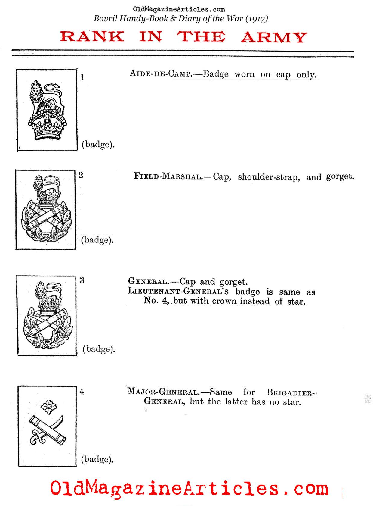 British Uniform Insignia for General Officers  (Bovril Booklet, 1917)