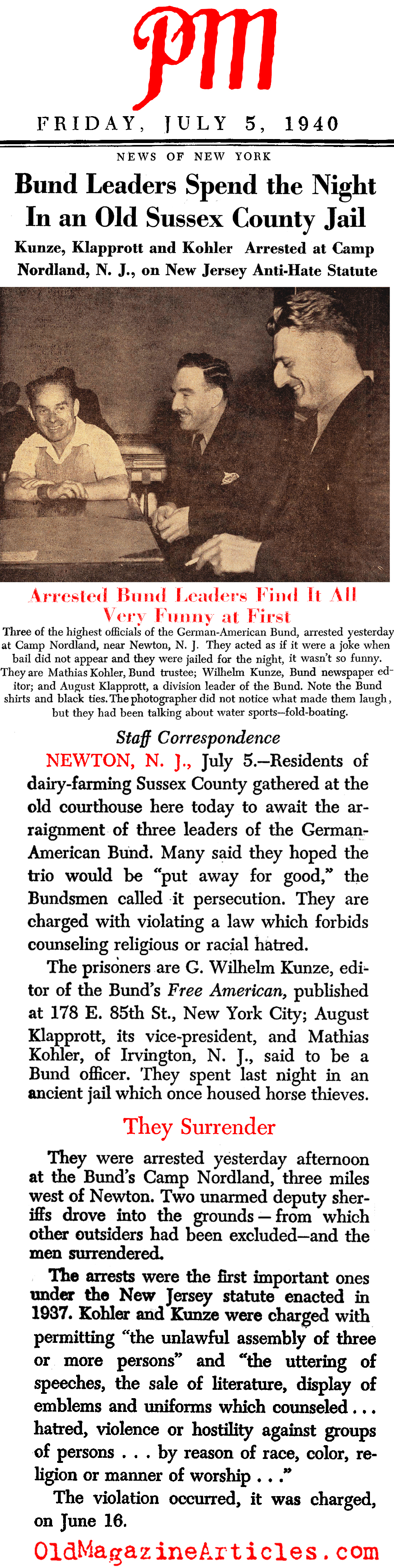 New Jersey Law Nabs Top Bundists (PM Tabloid, 1940)