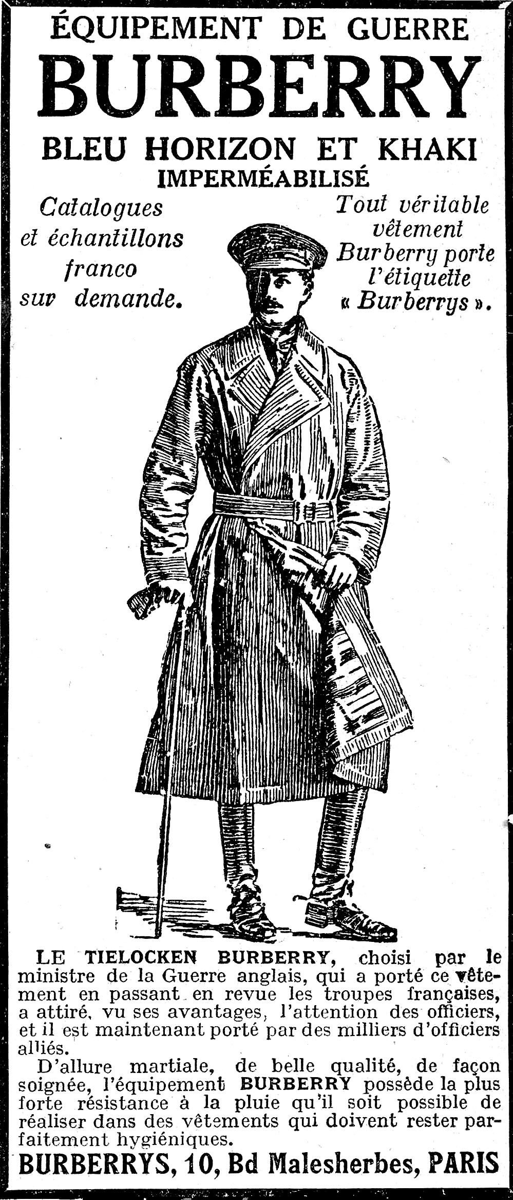 HISTORY BURBERRY TRENCH COAT,WW1 BURBERRY TRENCH COAT AD 1918,WW1 TRENCH COAT STYLE CLOTHING,HISTORY BURBERRY TRENCH COAT,PUTTING THE TRENCH IN TRENCH COAT 1918,TRENCH COAT LEGACY,MILITARY STYLE CLOTHING,MILITARY INSPIRED