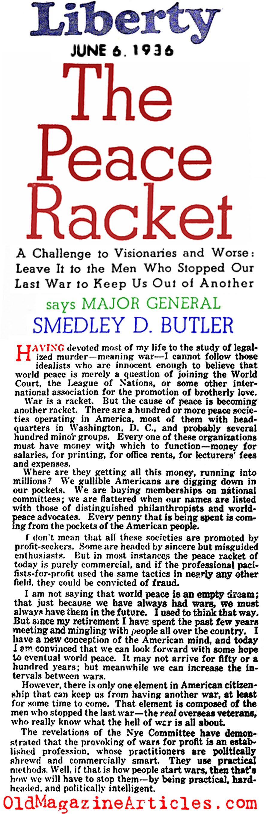 Smedley Butler on Peace (Liberty Magazine, 1936)