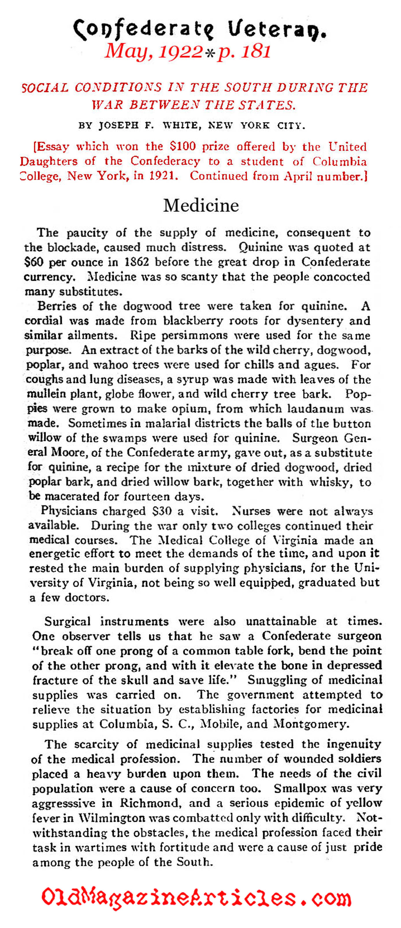 Confederate Doctors and their Many Problems (Confederate Veteran Magazine,  1922)